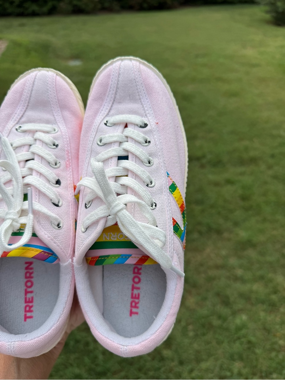 Tretorn Women’s Pink Canvas Sneakers with Rainbow Stripe